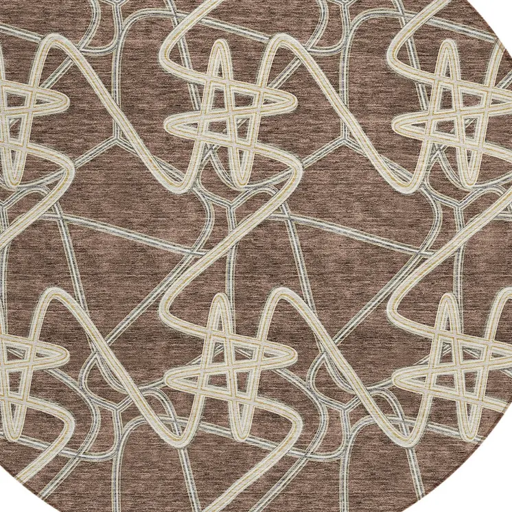8' Brown Ivory And Gold Round Geometric Washable Indoor Outdoor Area Rug
