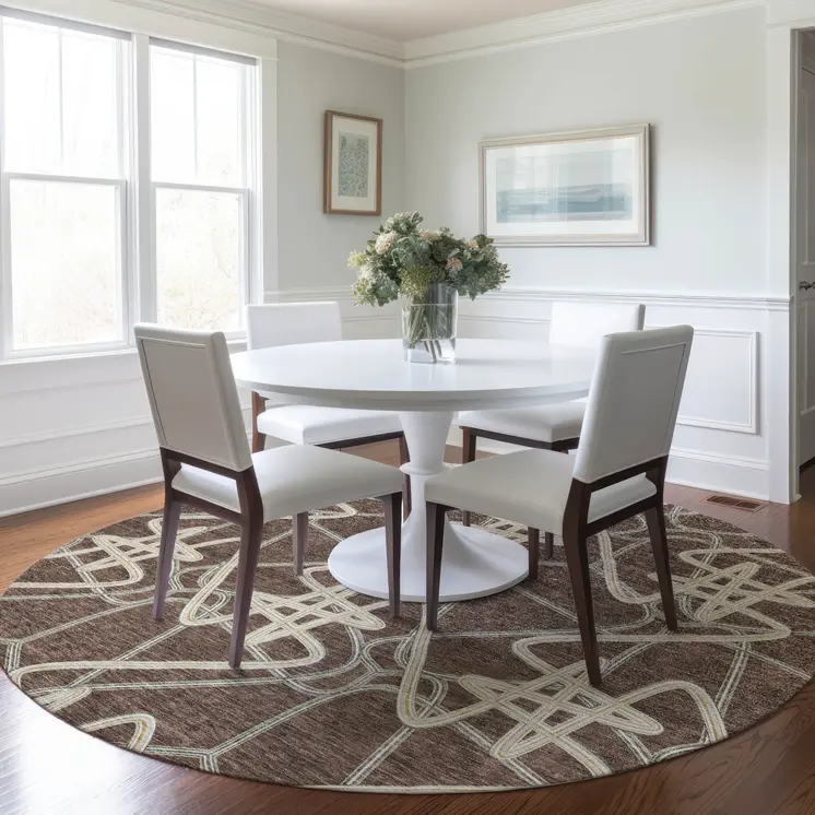 8' Brown Ivory And Gold Round Geometric Washable Indoor Outdoor Area Rug