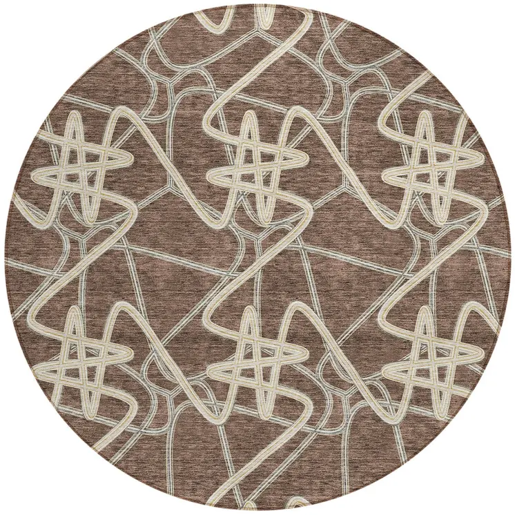 8' Brown Ivory And Gold Round Geometric Washable Indoor Outdoor Area Rug