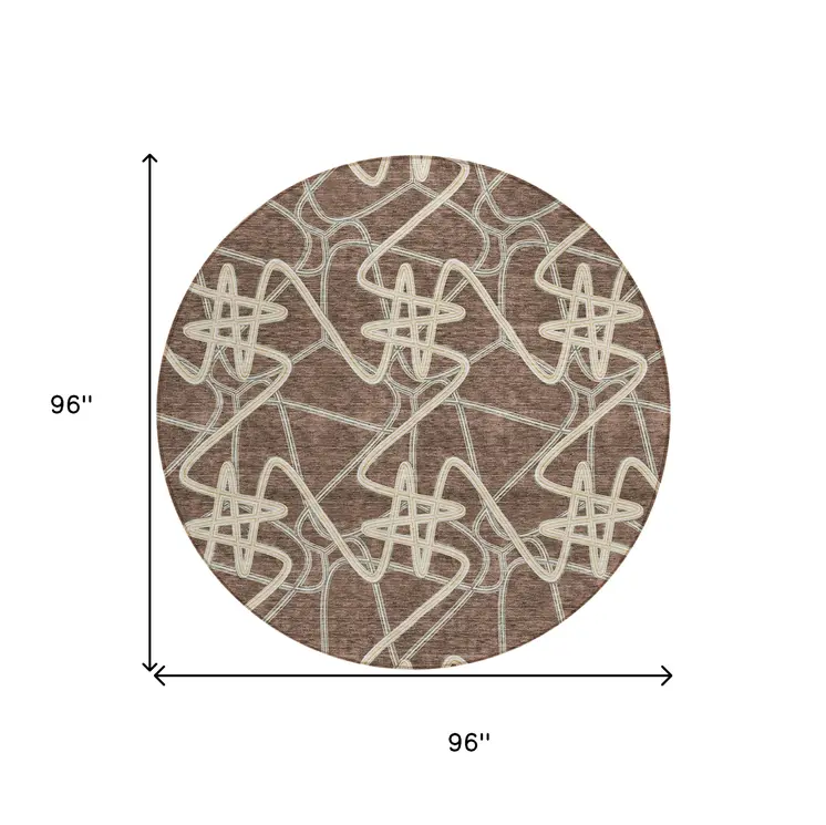 8' Brown Ivory And Gold Round Geometric Washable Indoor Outdoor Area Rug