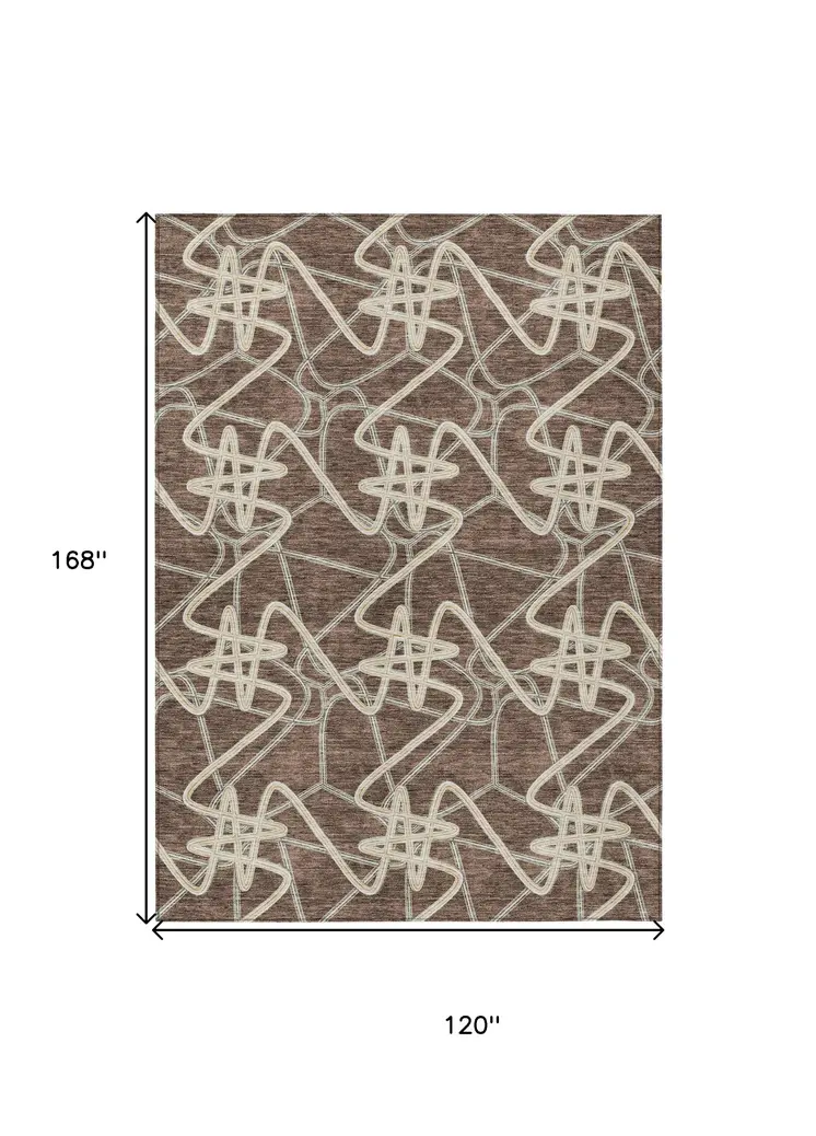 10' X 14' Brown Ivory And Gold Geometric Washable Indoor Outdoor Area Rug