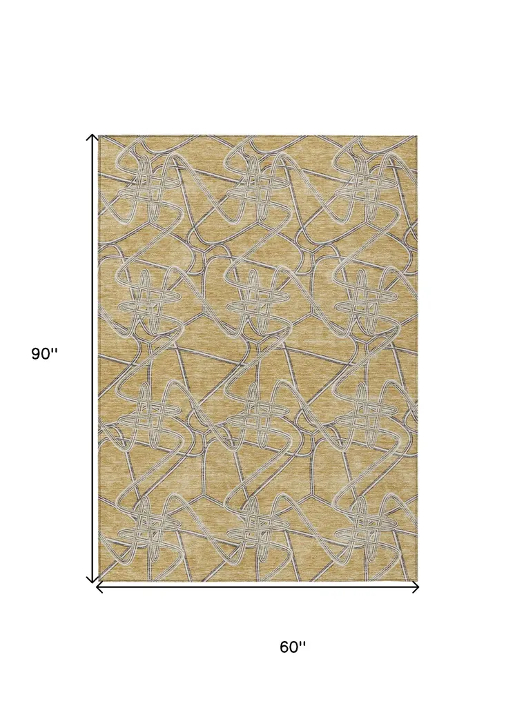 5' X 8' Gold Ivory And Charcoal Geometric Washable Indoor Outdoor Area Rug