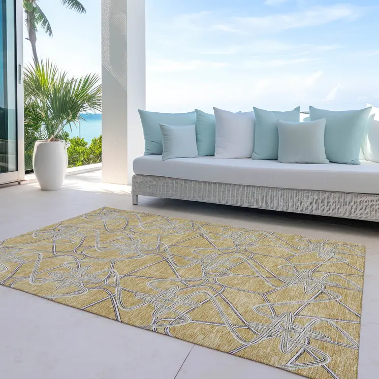 5' X 8' Gold Ivory And Charcoal Geometric Washable Indoor Outdoor Area Rug
