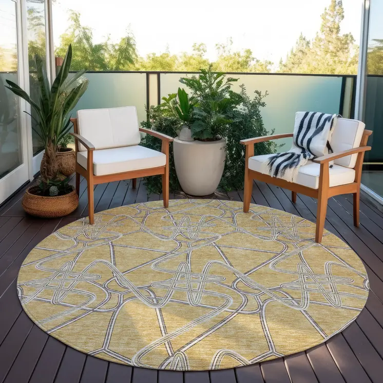 8' Gold Ivory And Charcoal Round Geometric Washable Indoor Outdoor Area Rug