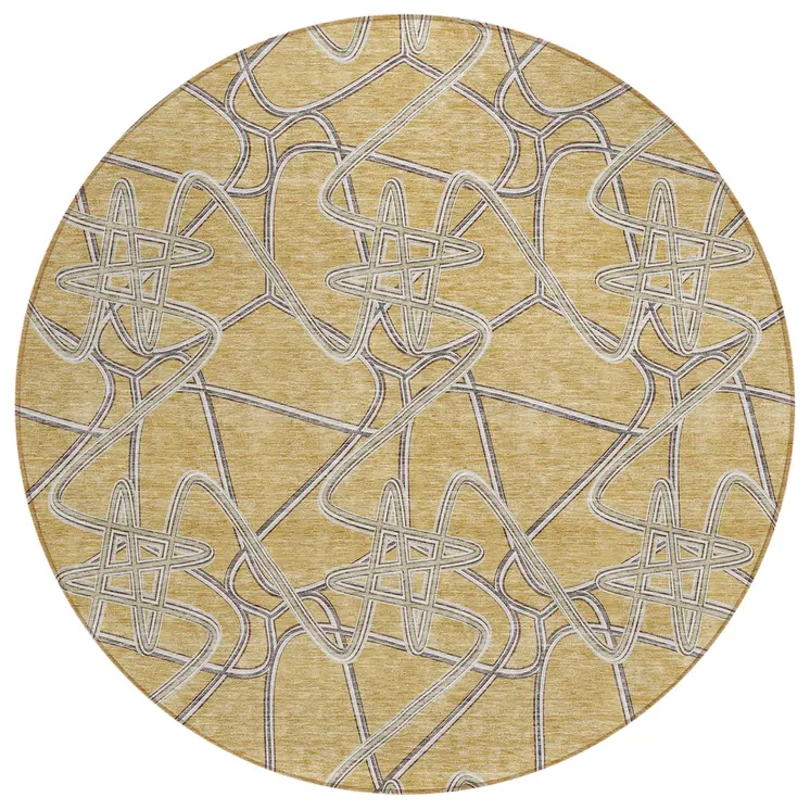 8' Gold Ivory And Charcoal Round Geometric Washable Indoor Outdoor Area Rug