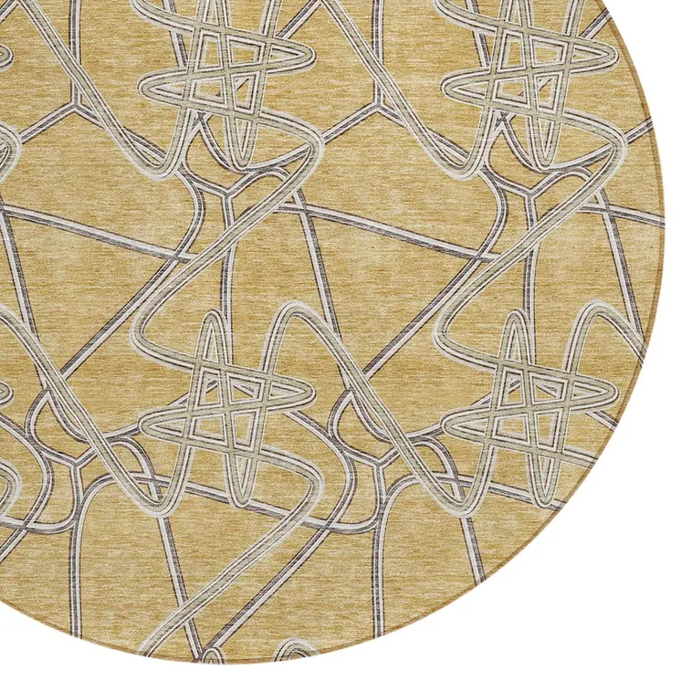 8' Gold Ivory And Charcoal Round Geometric Washable Indoor Outdoor Area Rug
