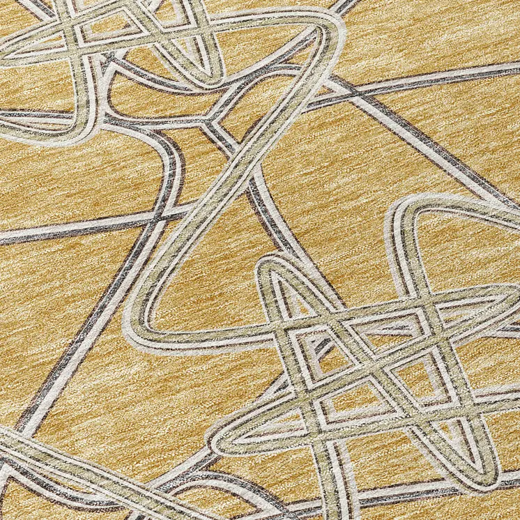 8' Gold Ivory And Charcoal Round Geometric Washable Indoor Outdoor Area Rug