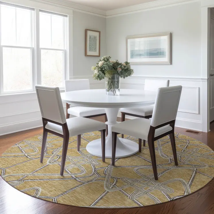 8' Gold Ivory And Charcoal Round Geometric Washable Indoor Outdoor Area Rug