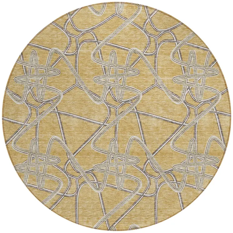 8' Gold Ivory And Charcoal Round Geometric Washable Indoor Outdoor Area Rug