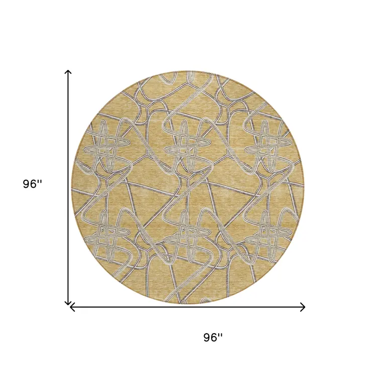 8' Gold Ivory And Charcoal Round Geometric Washable Indoor Outdoor Area Rug