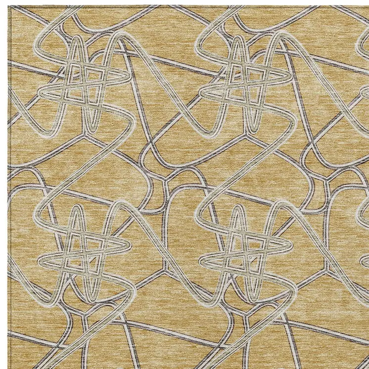 8' X 10' Gold Ivory And Charcoal Geometric Washable Indoor Outdoor Area Rug