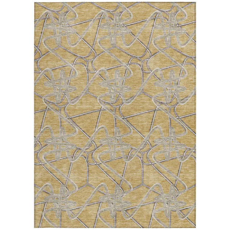 9' X 12' Gold Ivory And Charcoal Geometric Washable Indoor Outdoor Area Rug