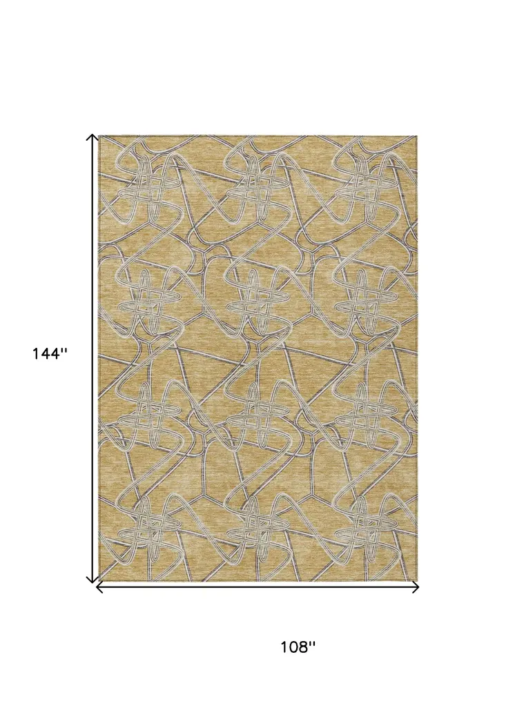 9' X 12' Gold Ivory And Charcoal Geometric Washable Indoor Outdoor Area Rug