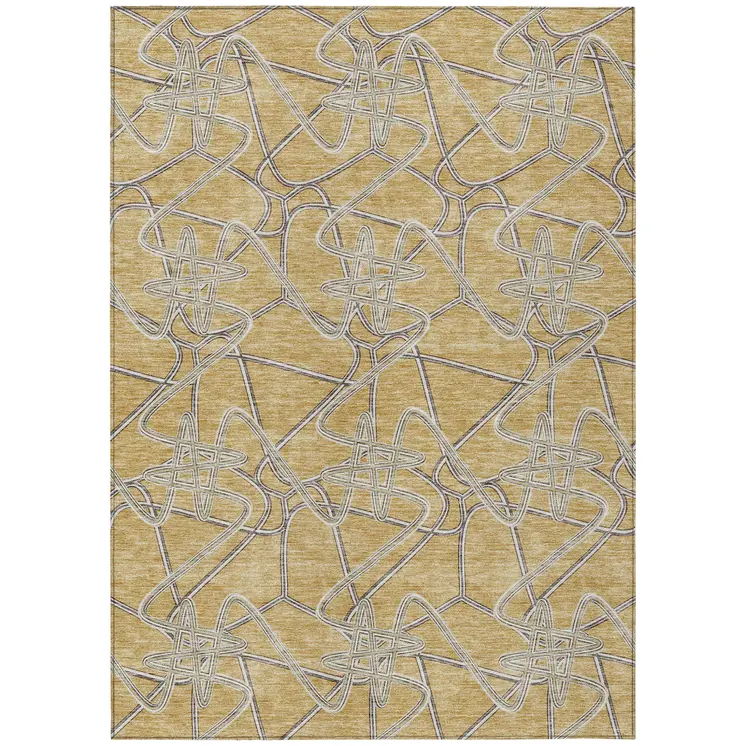 9' X 12' Gold Ivory And Charcoal Geometric Washable Indoor Outdoor Area Rug