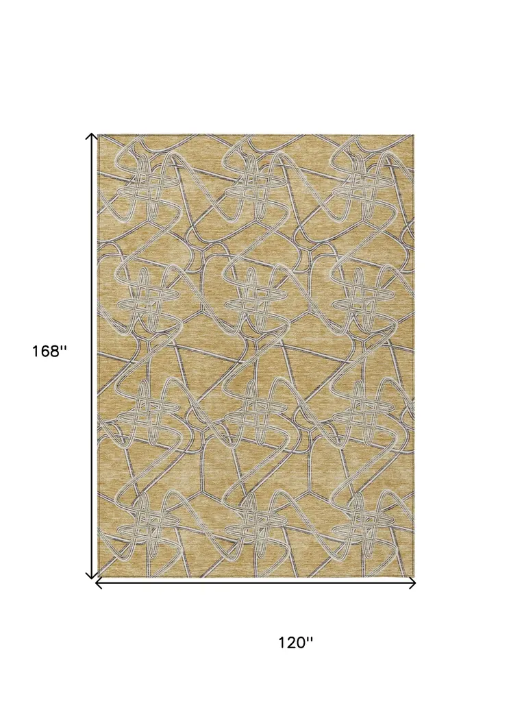 10' X 14' Gold Ivory And Charcoal Geometric Washable Indoor Outdoor Area Rug