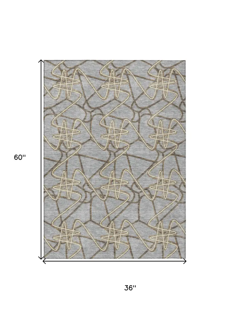 3' X 5' Gray Ivory And Gold Geometric Washable Indoor Outdoor Area Rug
