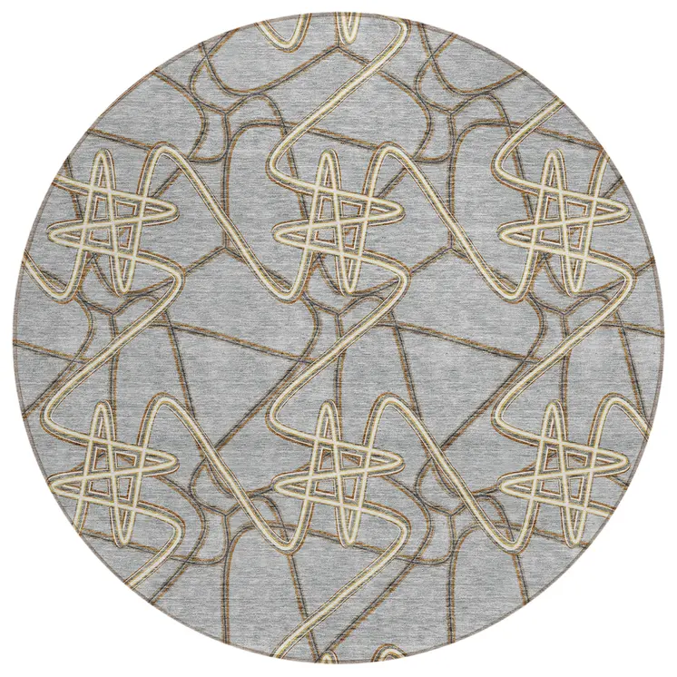 8' Gray Ivory And Gold Round Geometric Washable Indoor Outdoor Area Rug