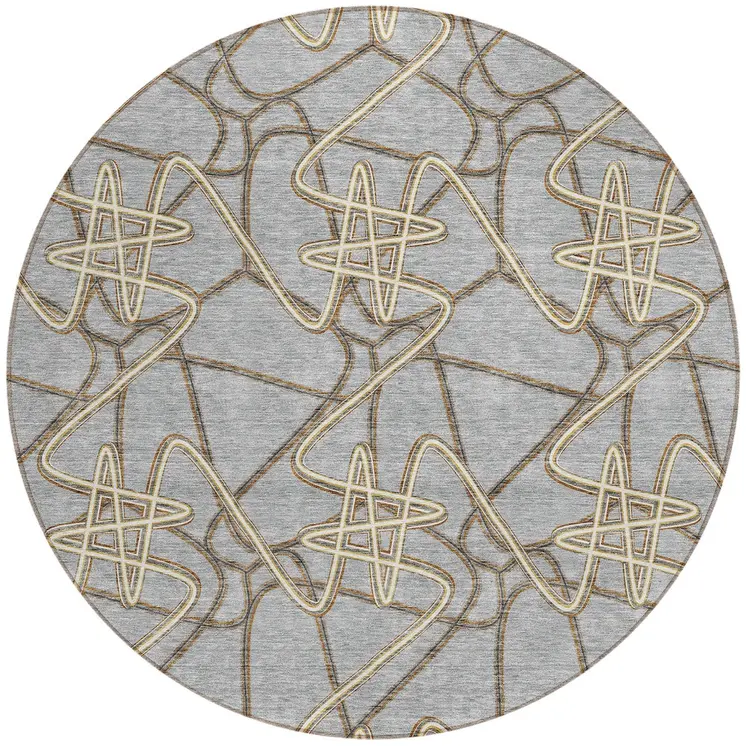 8' Gray Ivory And Gold Round Geometric Washable Indoor Outdoor Area Rug