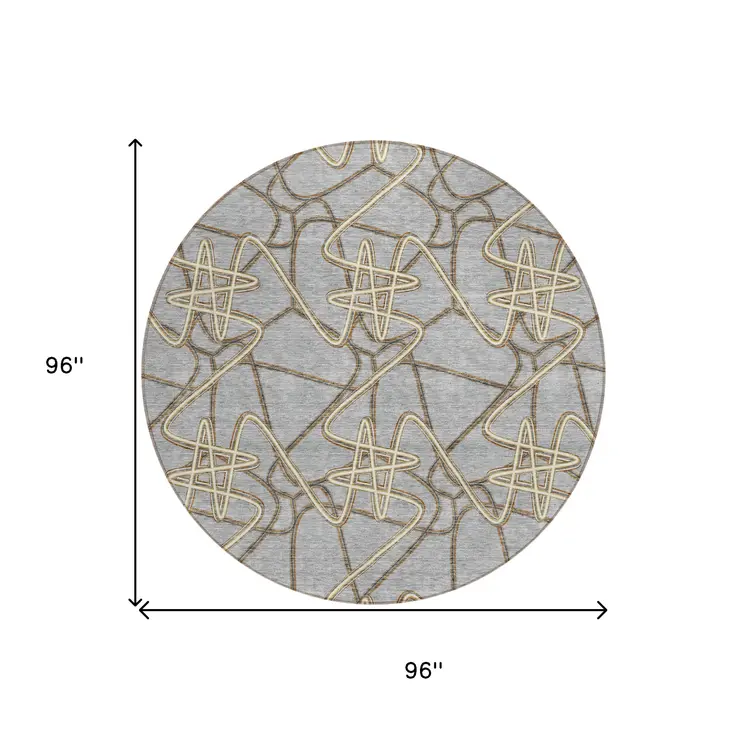 8' Gray Ivory And Gold Round Geometric Washable Indoor Outdoor Area Rug