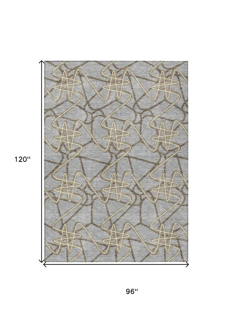 8' X 10' Gray Ivory And Gold Geometric Washable Indoor Outdoor Area Rug