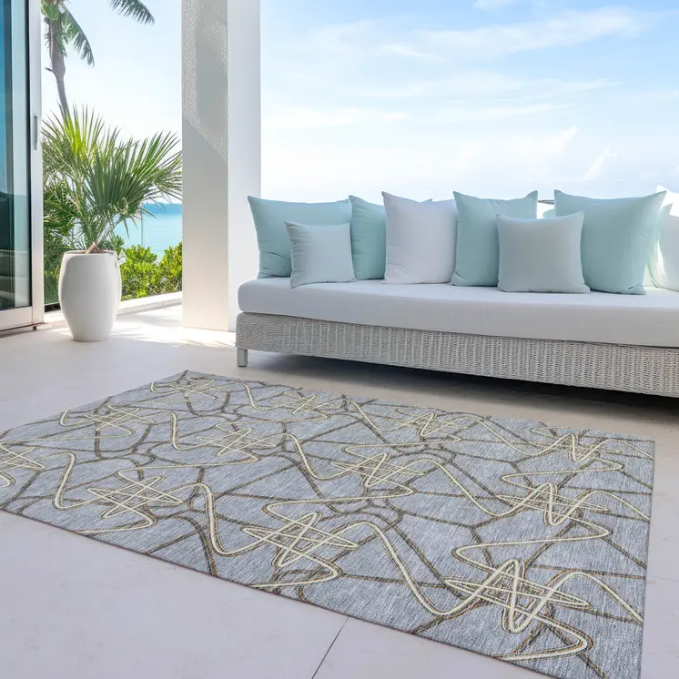 8' X 10' Gray Ivory And Gold Geometric Washable Indoor Outdoor Area Rug