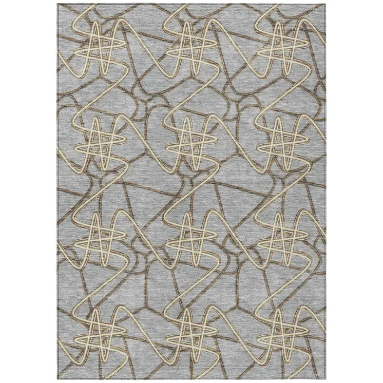 8' X 10' Gray Ivory And Gold Geometric Washable Indoor Outdoor Area Rug