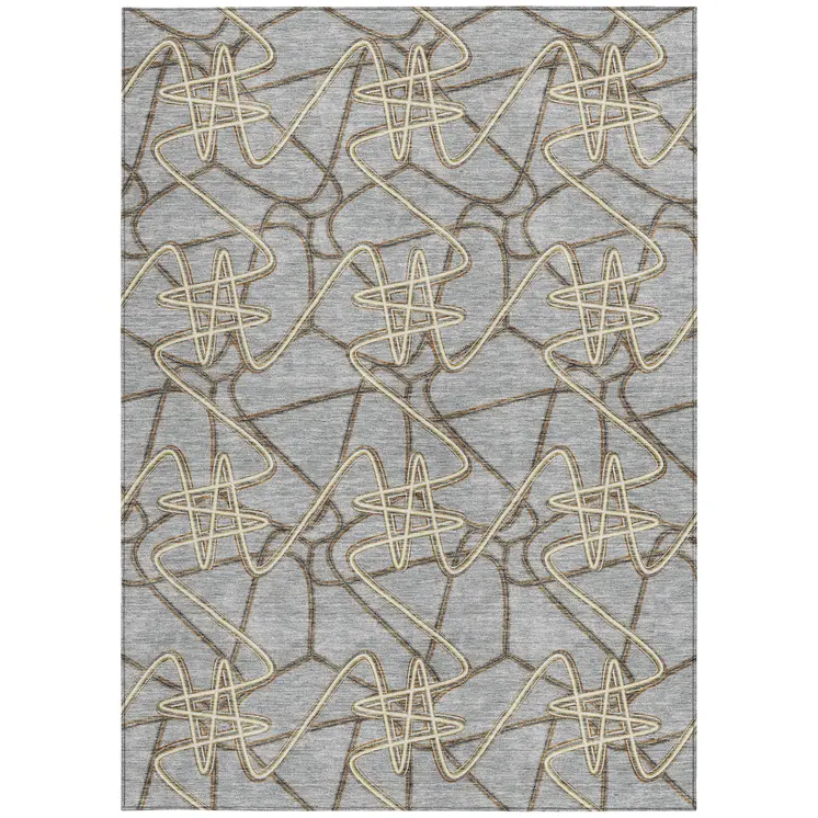 8' X 10' Gray Ivory And Gold Geometric Washable Indoor Outdoor Area Rug