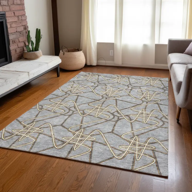 8' X 10' Gray Ivory And Gold Geometric Washable Indoor Outdoor Area Rug