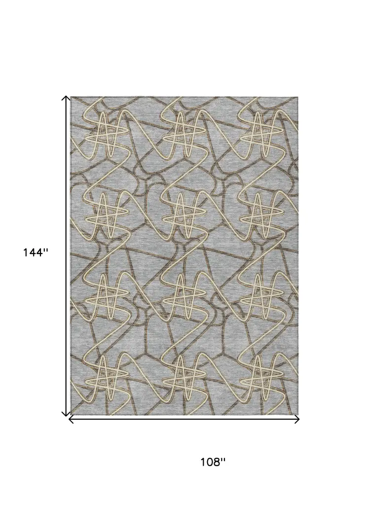 9' X 12' Gray Ivory And Gold Geometric Washable Indoor Outdoor Area Rug