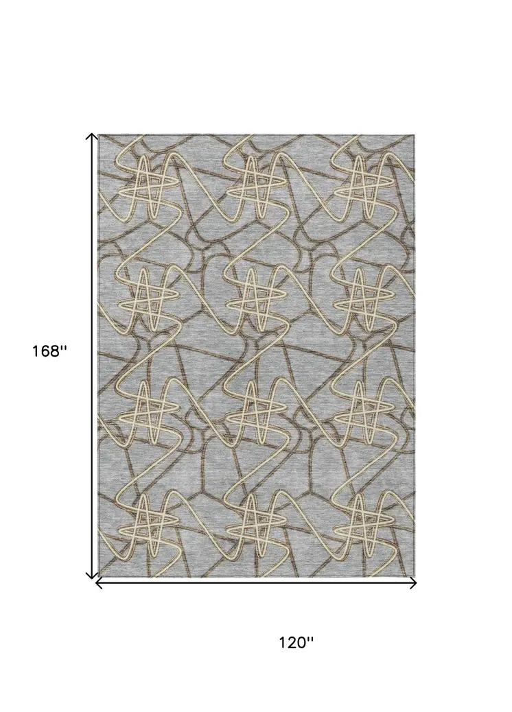 10' X 14' Gray Ivory And Gold Geometric Washable Indoor Outdoor Area Rug