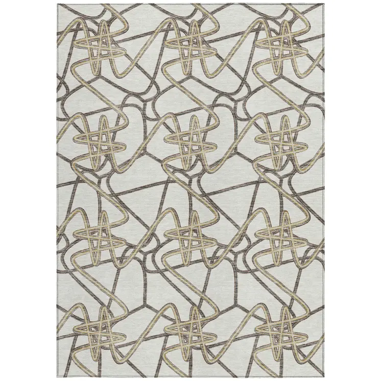 5' X 8' Ivory Charcoal And Gold Geometric Washable Indoor Outdoor Area Rug