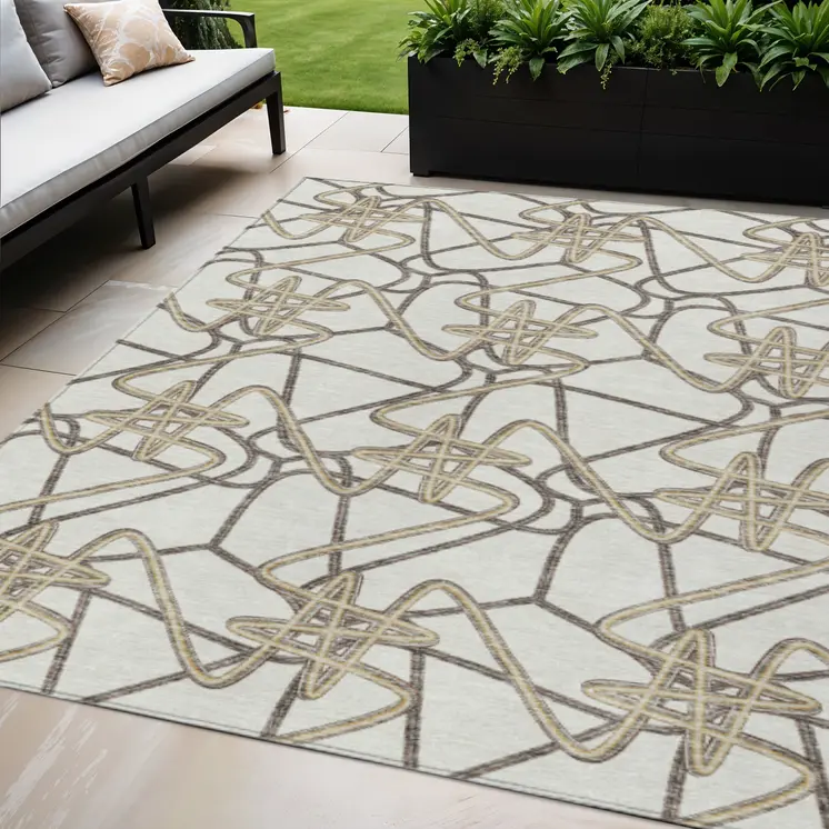 5' X 8' Ivory Charcoal And Gold Geometric Washable Indoor Outdoor Area Rug