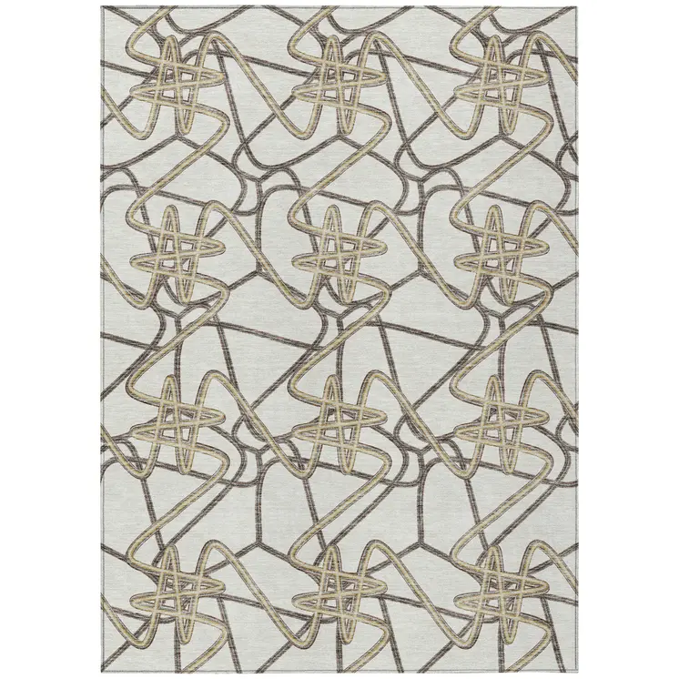 5' X 8' Ivory Charcoal And Gold Geometric Washable Indoor Outdoor Area Rug
