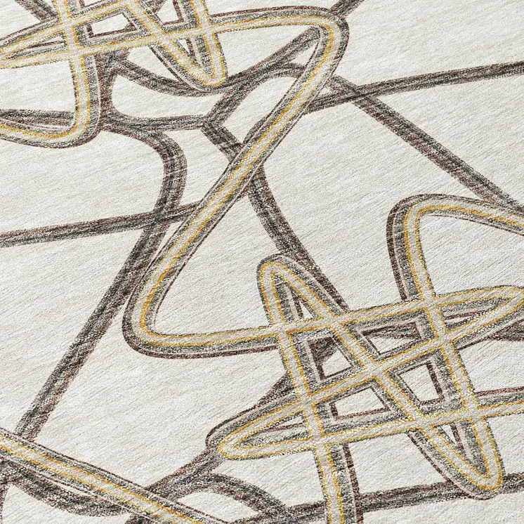 5' X 8' Ivory Charcoal And Gold Geometric Washable Indoor Outdoor Area Rug