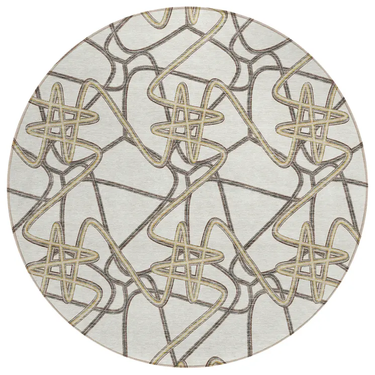 8' Ivory Charcoal And Gold Round Geometric Washable Indoor Outdoor Area Rug