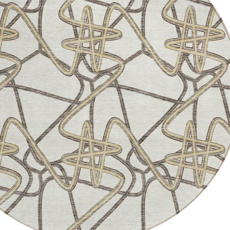 8' Ivory Charcoal And Gold Round Geometric Washable Indoor Outdoor Area Rug