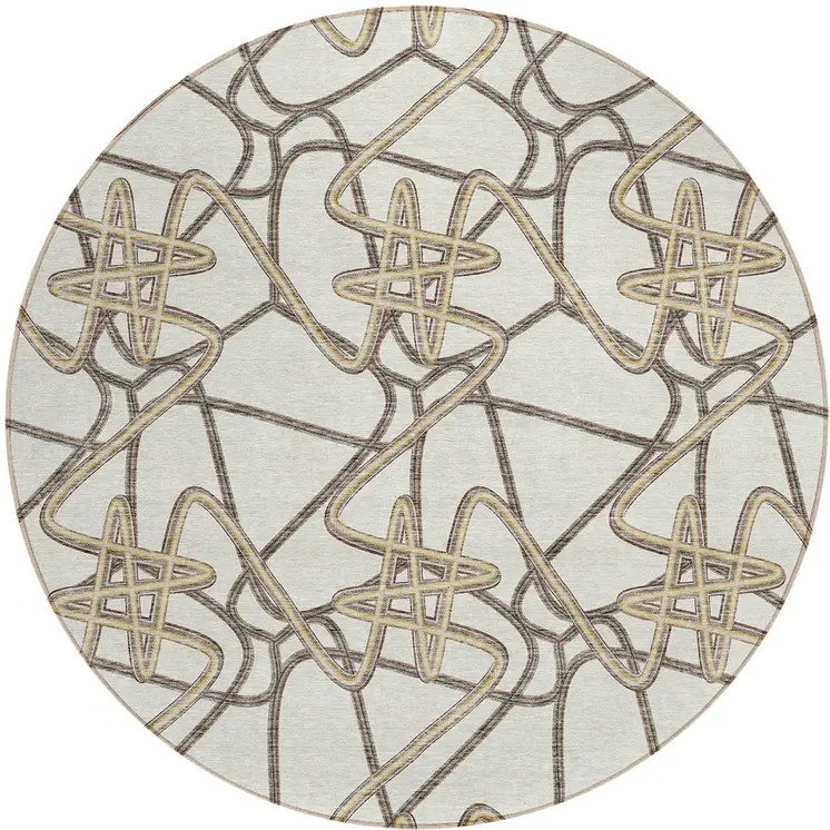 8' Ivory Charcoal And Gold Round Geometric Washable Indoor Outdoor Area Rug