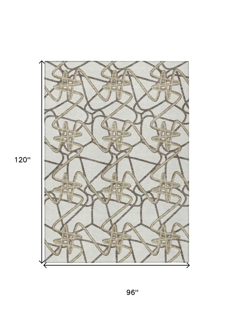 8' X 10' Ivory Charcoal And Gold Geometric Washable Indoor Outdoor Area Rug