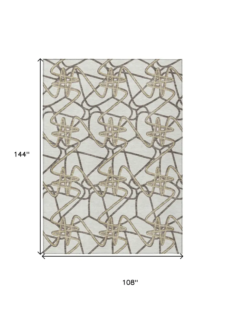 9' X 12' Ivory Charcoal And Gold Geometric Washable Indoor Outdoor Area Rug