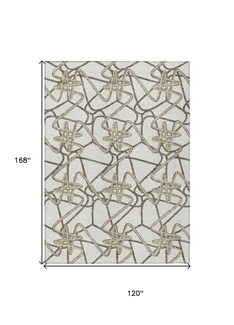 10' X 14' Ivory Charcoal And Gold Geometric Washable Indoor Outdoor Area Rug