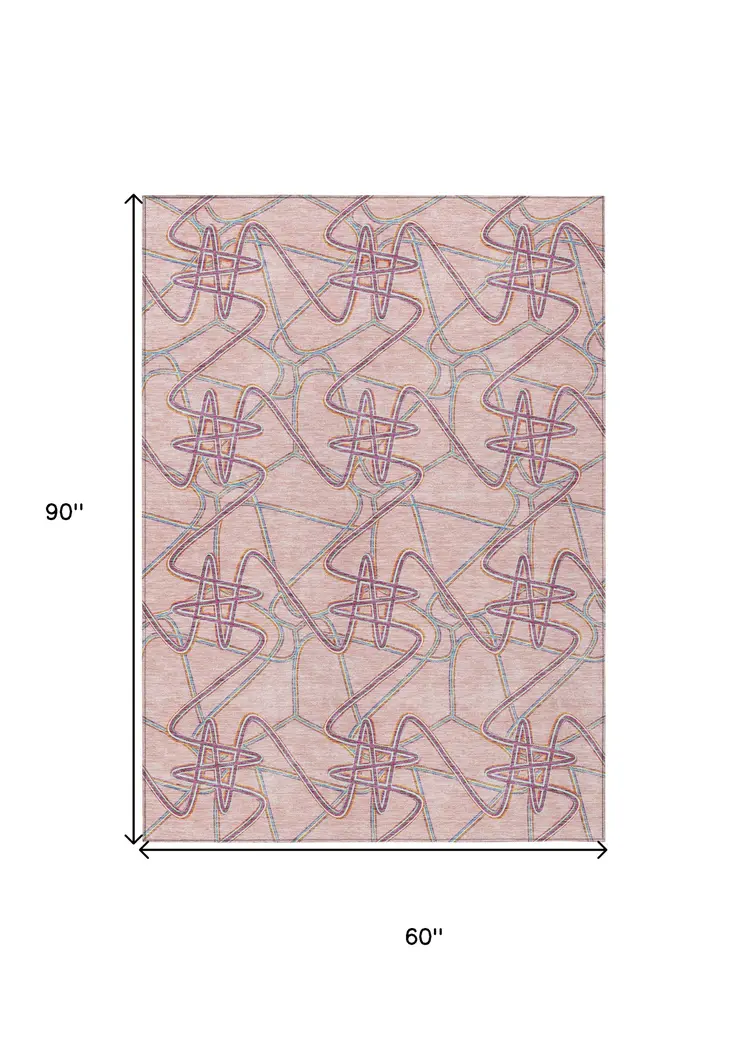 5' X 8' Pink Purple And Sky Blue Geometric Washable Indoor Outdoor Area Rug