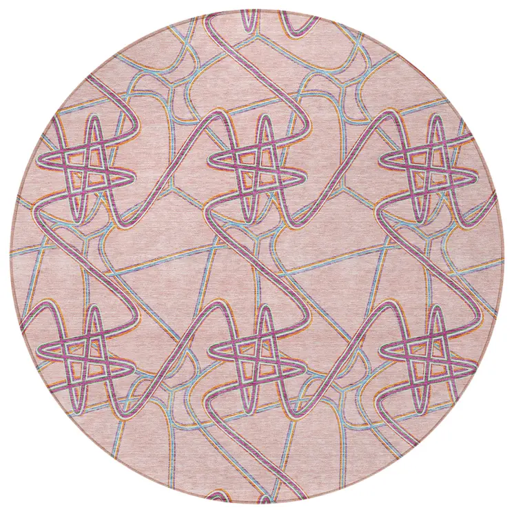 8' Pink Purple And Sky Blue Round Geometric Washable Indoor Outdoor Area Rug