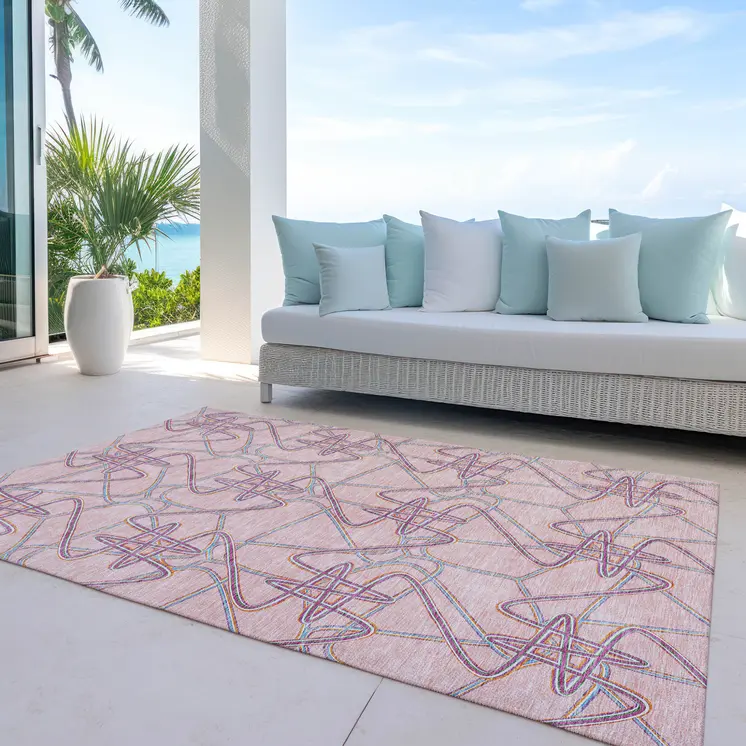 10' X 14' Pink Purple And Sky Blue Geometric Washable Indoor Outdoor Area Rug