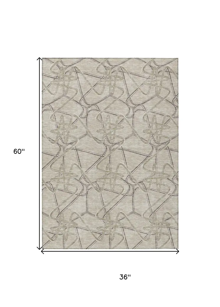 3' X 5' Beige Ivory And Gray Geometric Washable Indoor Outdoor Area Rug