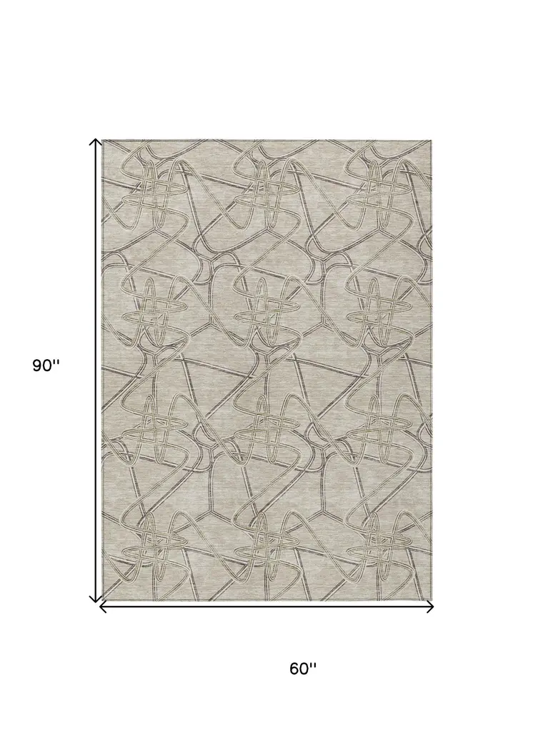 5' X 8' Beige Ivory And Gray Geometric Washable Indoor Outdoor Area Rug