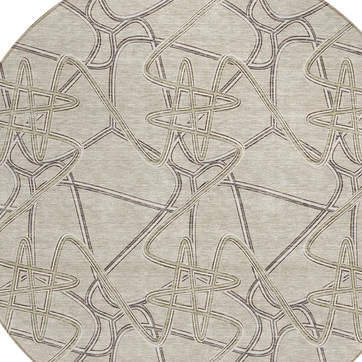 8' Beige Ivory And Gray Round Geometric Washable Indoor Outdoor Area Rug