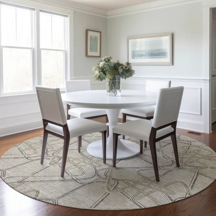 8' Beige Ivory And Gray Round Geometric Washable Indoor Outdoor Area Rug