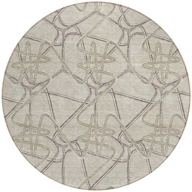 8' Beige Ivory And Gray Round Geometric Washable Indoor Outdoor Area Rug
