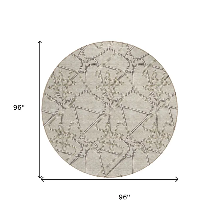 8' Beige Ivory And Gray Round Geometric Washable Indoor Outdoor Area Rug