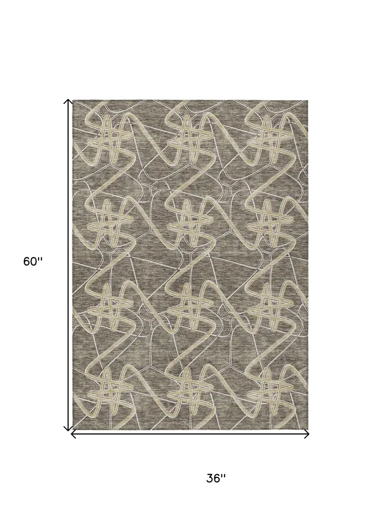 3' X 5' Taupe Ivory And Brown Geometric Washable Indoor Outdoor Area Rug